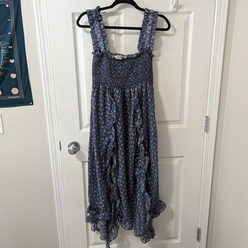 Three Bird Nest Smitten Smocked Ruffle Navy Floral Maxi Dress NWOT Size M